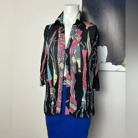 Womens Black Multi-Color Patterned Button-Front Top - Picture 3 of 11